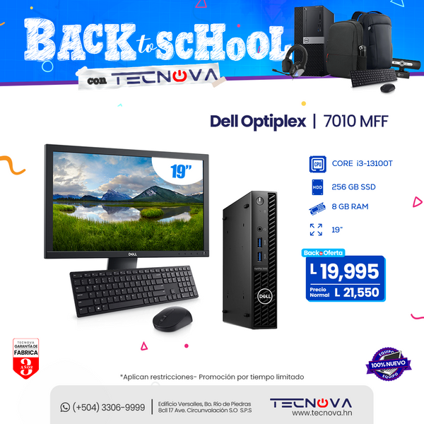 Dell/ Optiplex MFF 7010/ Intel Core i3-13100T/ 8GB RAM/ 512GB SSD/ Windows 11 Pro/3 años de garantía/ Monitor 19"