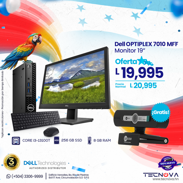 Dell/ Optiplex MFF 7010/ Intel Core i3-13100T/ 8GB RAM/ 512GB SSD/ Windows 11 Pro/3 años de garantía/ Monitor 19"