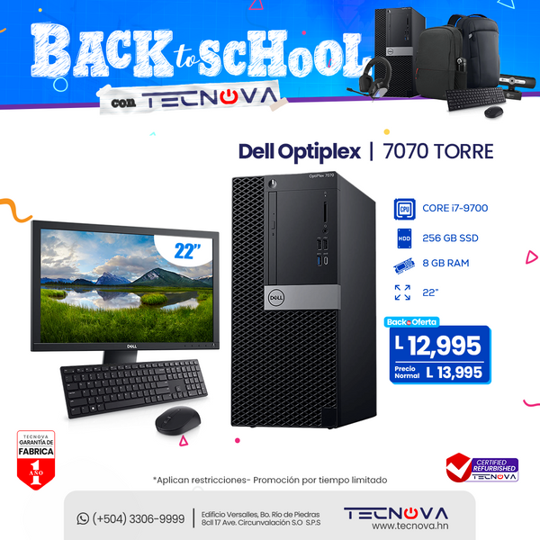 Dell RFB / Optiplex 7070 Torre/ Intel Core i7-9700/ 8GB RAM/ 256GB SSD