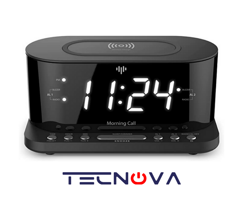 iLuv Reloj digital despertador con radio FM, puerto USB-A, Cargador inalámbrico Certificado Qi y vibrador despertador para almohada