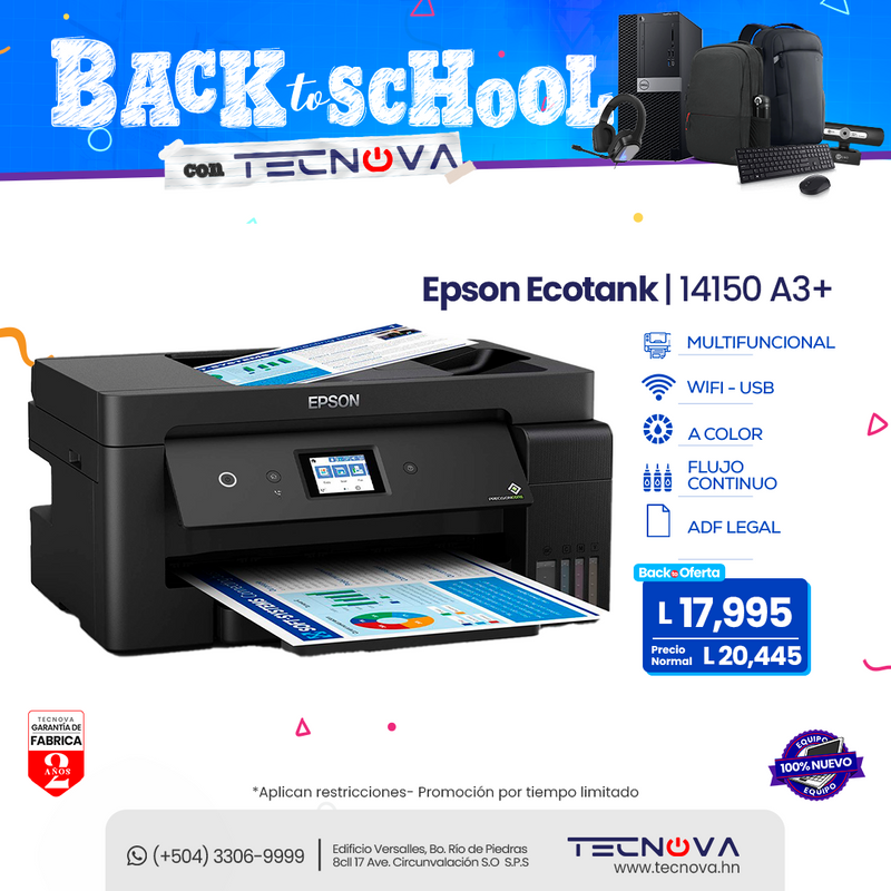 Epson EcoTank L14150 A3+ Impresora a Color Multifuncional  Copiadora Escáner con ADF Pantalla 2.4" USB  Wi-Fi Ethernet