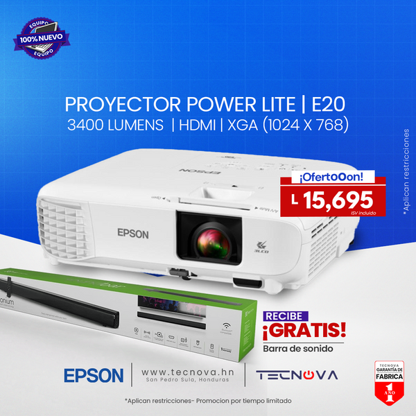 Epson Proyector PowerLite E20 3LCD 3400 Lumens LMS XGA 1024x768 parlante HDMI