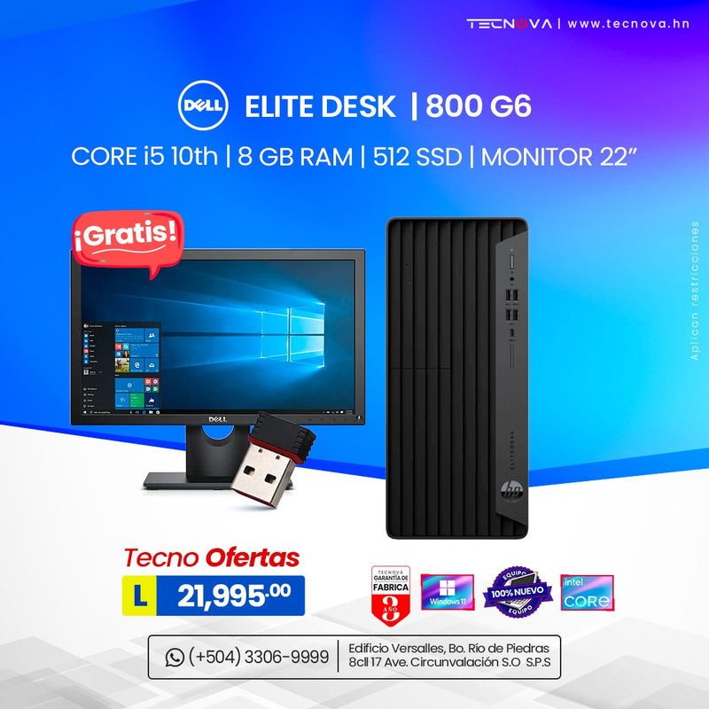 HP/ Elitedesk 800 G6 SFF/ Intel Core i5-10500/ 8GB de RAM/ 512GB HDD/ Windows 10 Pro/ 3 años de garantía/ Monitor 22"