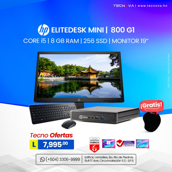 HP Reacondicionado/ EliteDesk Mini 800 G1/ Intel Core i5-4thGen/8GB de RAM/ 256GB SSD/ Windows 10 Pro/ Monitor 19"
