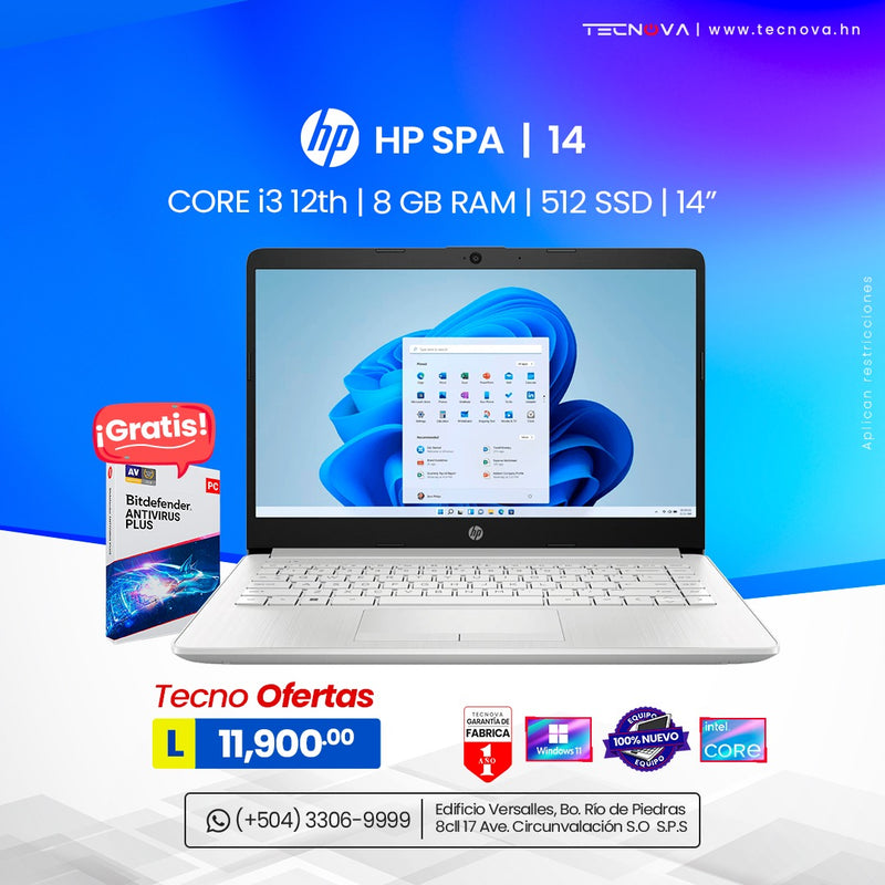 HP/ 14-DQ5009LA/ 14" HD/ Intel Core i3-1215U/ 8GB RAM DDR4 3200MHz/ 256GB PCIe M.2/ Windows 11 Home