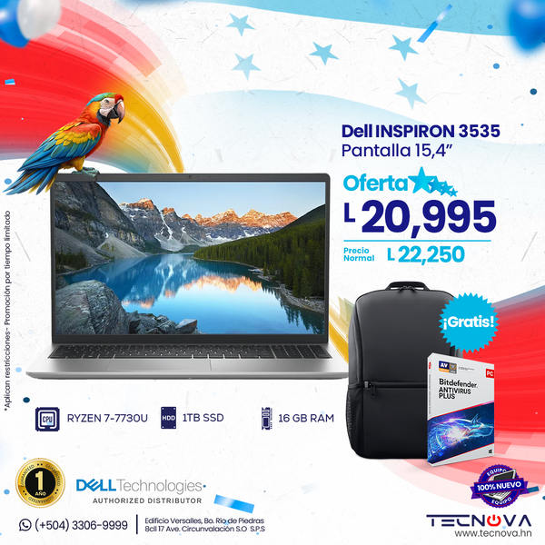 Dell Inspiron 3535 AMD Ryzen™ 7 7730U 16GB RAM 1 TB SSD Pantalla FHD 15.4" Windows 11 Home Color Negro