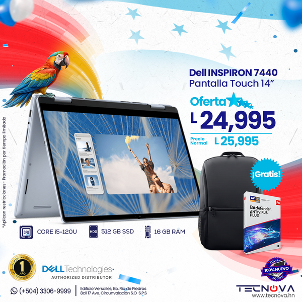 Dell Inspiron 7440 2en1 14" FHD táctil (touch) Intel Core 5 120U 16GB RAM 512GB SSD Windows 11 Home Color: Azul Cielo Aluminio
