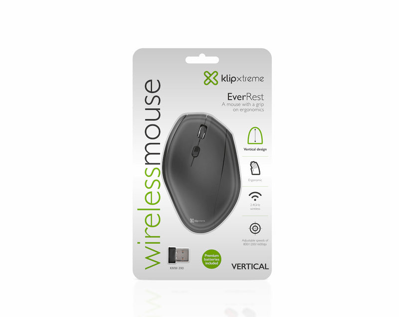 Klipx KMW-390 Mouse inalámbrico EverRest Ergonómico Vertical con nano dongle USB 2.4GHz color Negro