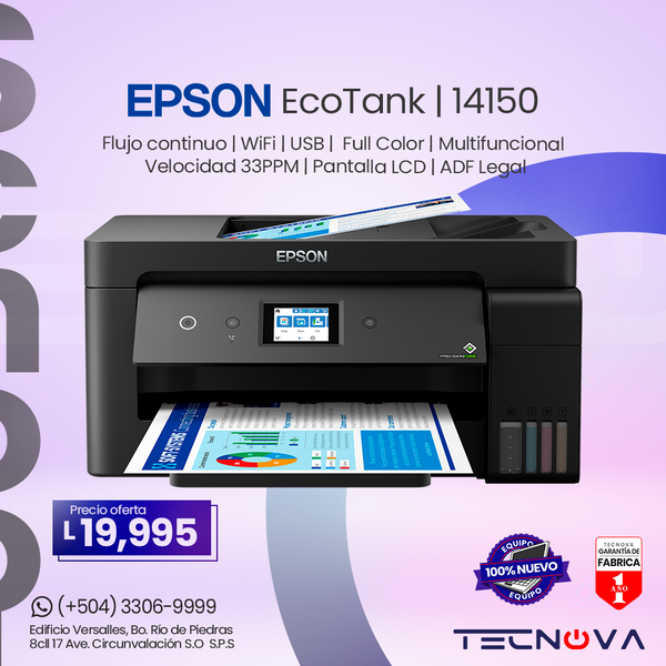 Epson EcoTank L14150 A3+ Impresora a Color Multifuncional | Copiadora | Escáner con ADF | Pantalla 2.4" | USB | Wi-Fi | Ethernet