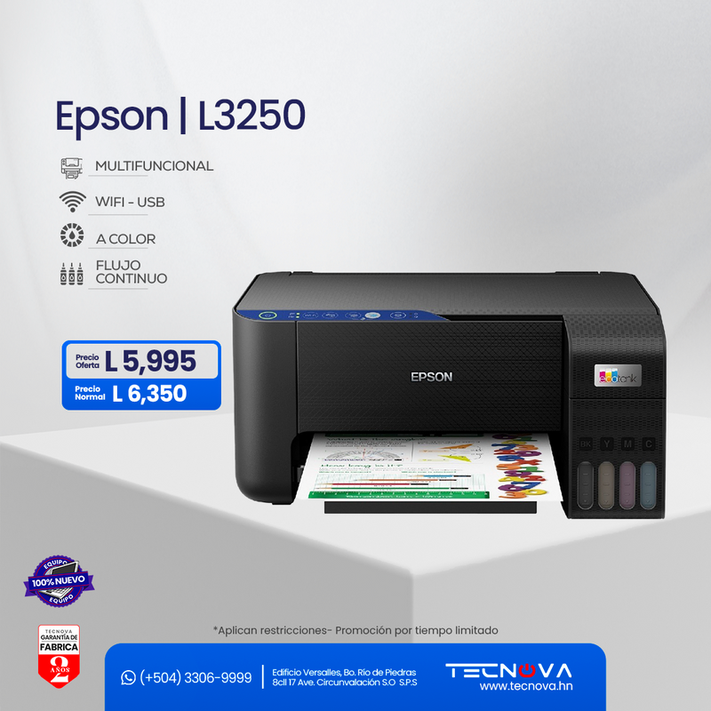 Epson EcoTank L3250 Impresora Multifuncional a color de flujo continuo Inalámbrica hasta 2 años de garantía