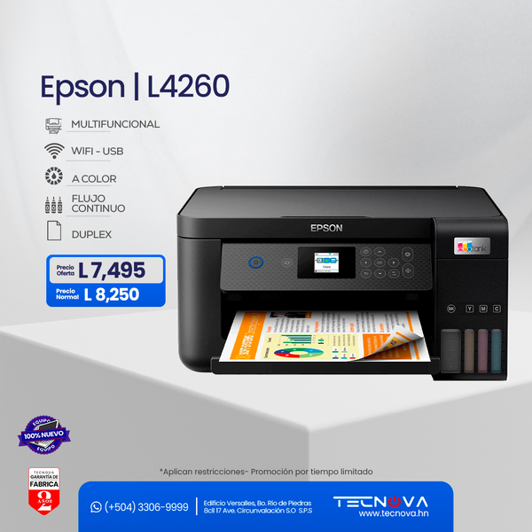Epson EcoTank L4260 Impresora Multifuncional flujo continuo a color Dúplex  WiFi  USB hasta con 2 años de garantía