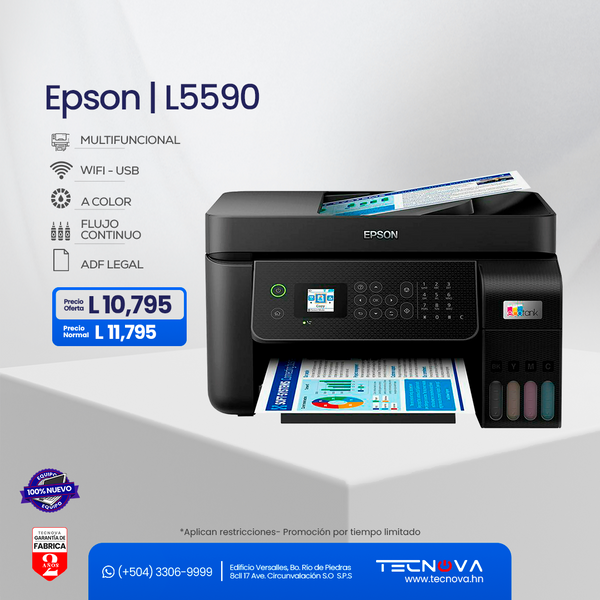 Epson Ecotank L5590 Impresora Multifuncional a color de Flujo continuo con pantalla LCD ADF Legal Escáner Impresora Fax y Copiadora USB WiFi y Ethernet