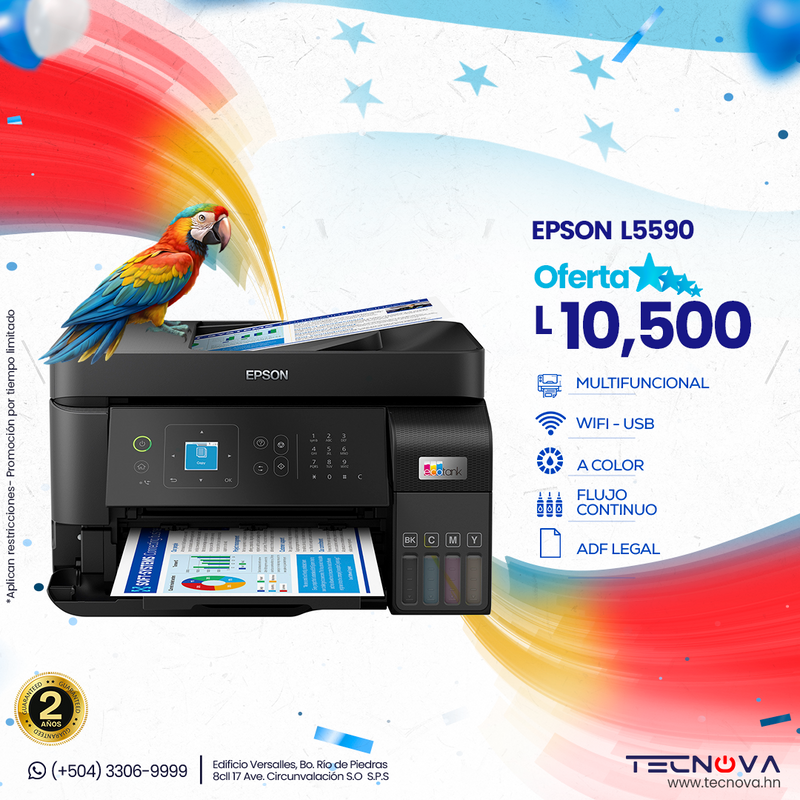 Epson Ecotank L5590 Impresora Multifuncional a color de Flujo continuo con pantalla LCD ADF Legal Escáner Impresora Fax y Copiadora USB WiFi y Ethernet