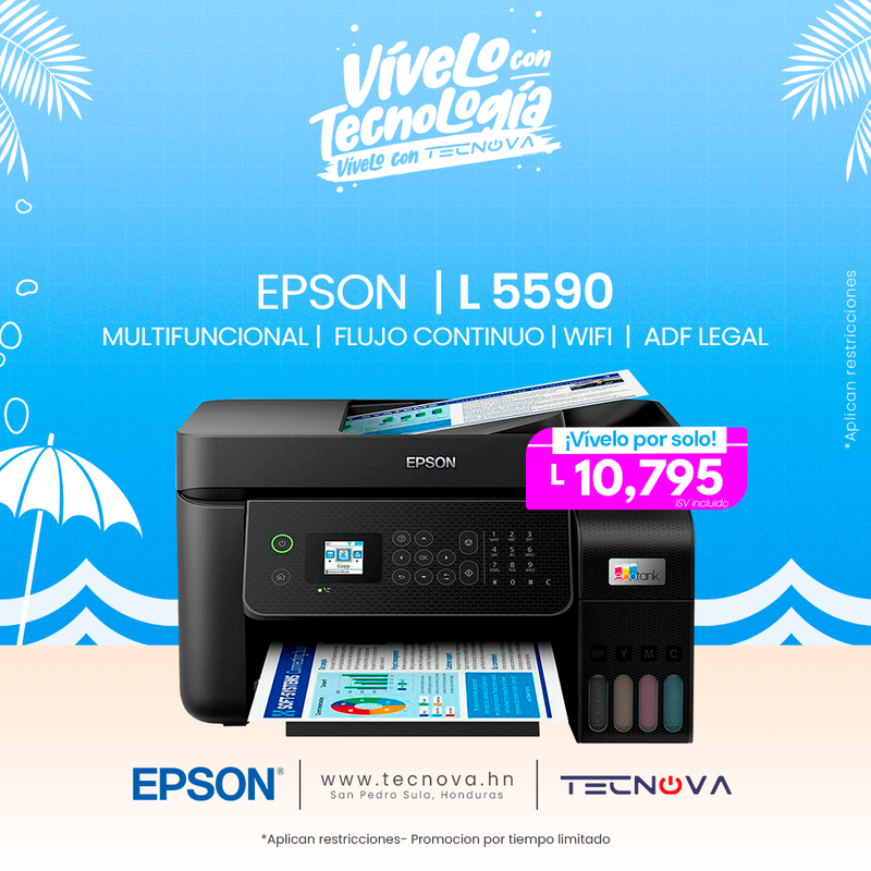 Epson Ecotank L5590 Multifuncional a color / Flujo continuo con pantalla LCD/ ADF Legal/ Escáner Impresora Fax y Copiadora/ USB WiFi y Ethernet