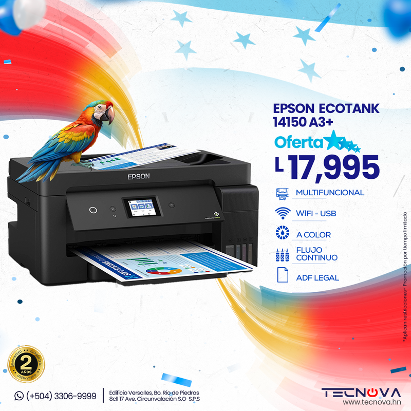 Epson EcoTank L14150 A3+ Impresora a Color Multifuncional  Copiadora Escáner con ADF Pantalla 2.4" USB  Wi-Fi Ethernet