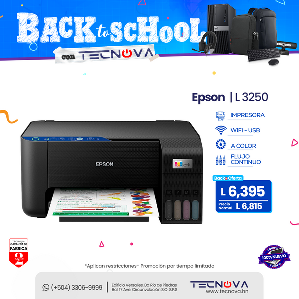 Epson EcoTank L3250 Impresora Multifuncional a color de flujo continuo Inalámbrica hasta 2 años de garantía