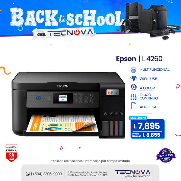 Epson EcoTank L4260 Impresora Multifuncional flujo continuo a color Dúplex  WiFi  USB hasta con 2 años de garantía