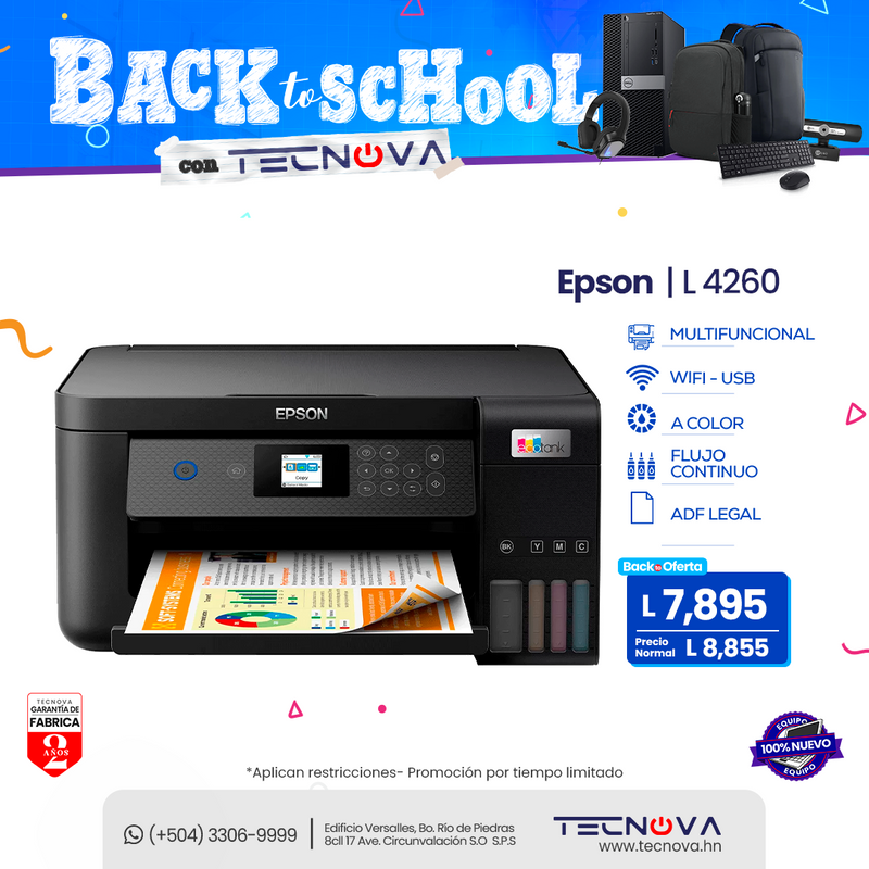 Epson EcoTank L4260 Impresora Multifuncional flujo continuo a color Dúplex  WiFi  USB hasta con 2 años de garantía