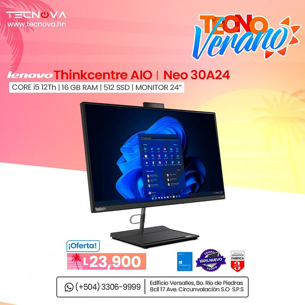 Lenovo/ ThinkCentre Neo 30A24 AIO (todo en uno)/ 24"/ Intel Core i5-1240P 1.7-4.4GHz/ (12C/4P+8E/16T/  E-Core 1.2-3.3GHz/12MB)/ 16GB RAM/ 512GB SSD/ webcam y micrófono integrado/ Windows 11 Pro