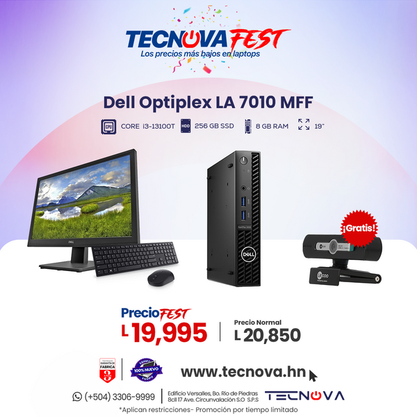 Dell/ Optiplex MFF 7010/ Intel Core i3-13100T/ 8GB RAM/ 512GB SSD/ Windows 11 Pro/3 años de garantía/ Monitor 19"