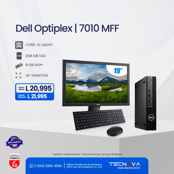 Dell/ Optiplex MFF 7010/ Intel Core i3-13100T/ 8GB RAM/ 256GB SSD/ Windows 11 Pro/3 años de garantía/ Monitor 19"
