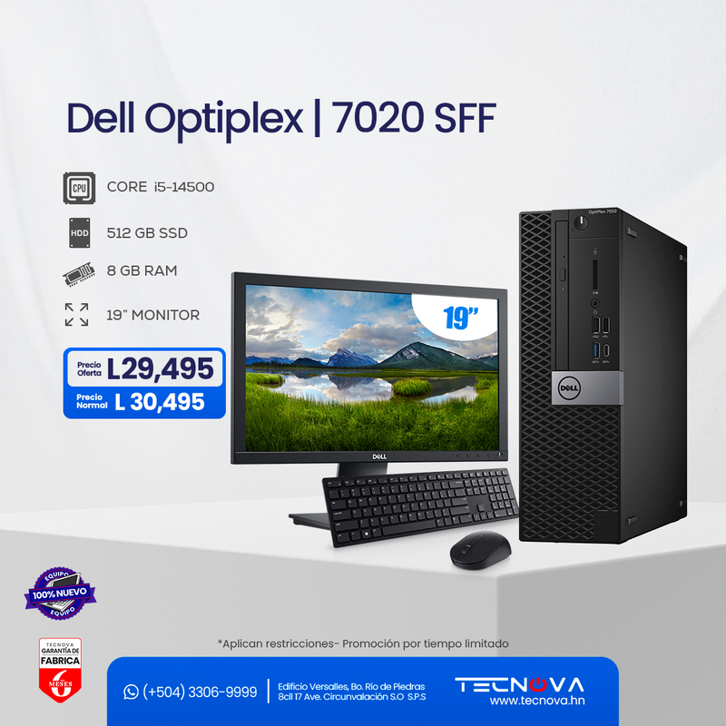 Dell/ OptiPlex 7020 SFF/ Intel Core i5-14500/ WIFI/ 16GB RAM/ 512GB SSD/ Windows 11 Pro/ Monitor 19" /3 años de garantía
