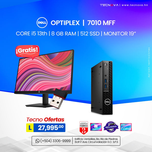 Dell/ Optiplex Micro 7010/ Intel Core i5-13500T (14C/20T/1.2-4.6GHz/24M Caché)/ 8GB RAM/ 512GB SSD/ WiFi/ Windows 11 Pro/ Monitor 19" /3 años de garantía