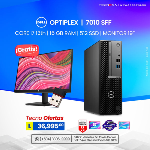 Dell/ OptiPlex 7010 SFF/ Intel Core i7-13700/ WIFI/ 16GB RAM/ 512GB SSD/ Windows 11 Pro/ 3 años de garantía/ Monitor 19"