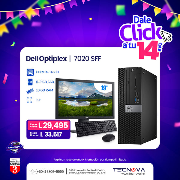 Dell/ OptiPlex 7020 SFF/ Intel Core i5-14500/ WIFI/ 16GB RAM/ 512GB SSD/ Windows 11 Pro/ Monitor 19" /3 años de garantía