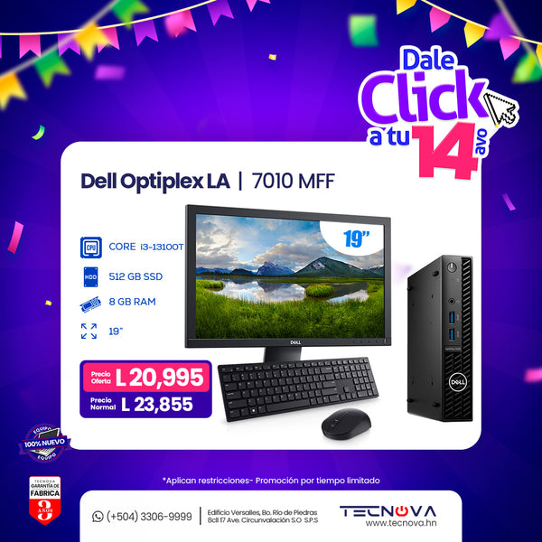Dell/ Optiplex MFF 7010/ Intel Core i3-13100T/ 8GB RAM/ 256GB SSD/ Windows 11 Pro/3 años de garantía/ Monitor 19"