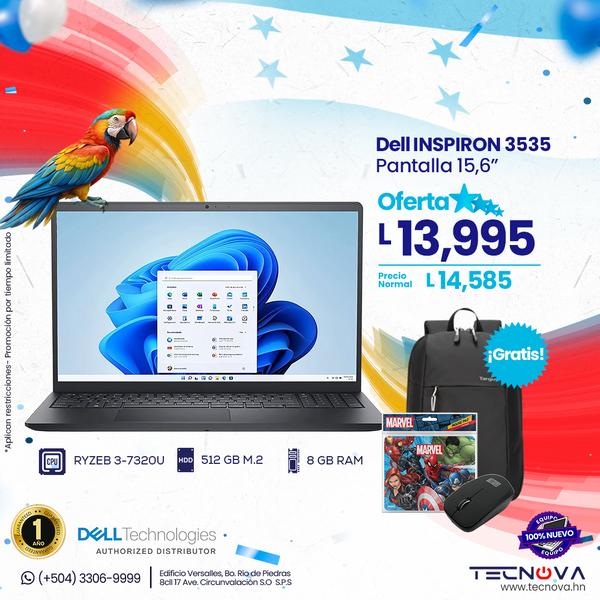 Dell Inspiron 3535 AMD Ryzen™ 3 7320U 8GB RAM 512GB SSD Windows 11 Home Color Negro