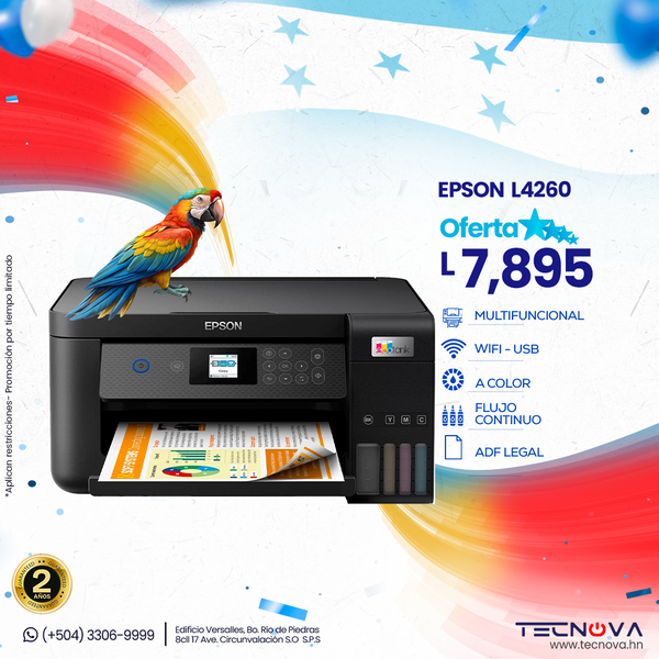 Epson EcoTank L4260 Impresora Multifuncional flujo continuo a color Dúplex  WiFi  USB hasta con 2 años de garantía