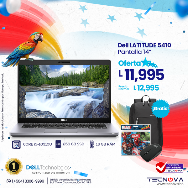 Dell Latitude 5410 Intel Core i5-10310U, 16GB RAM, 256GB SSD, Pantalla 14” FHD Touch con webcam y micrófono integrado, Windows 11 Pro