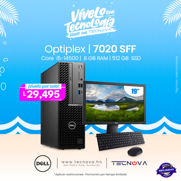 Dell/ OptiPlex 7020 SFF/ Intel Core i5-14500/ WIFI/ 16GB RAM/ 512GB SSD/ Windows 11 Pro/ Monitor 19" /3 años de garantía